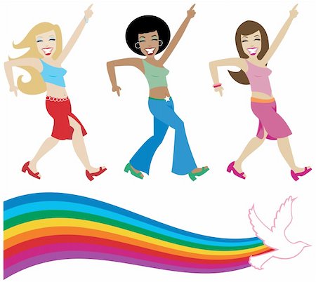 funny retro groups - Jive girls from the seventies getting their groove on - includes a retro style rainbow with dove Foto de stock - Super Valor sin royalties y Suscripción, Código: 400-04932789