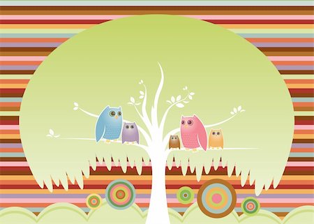 simsearch:700-02756805,k - Colorful family of owls perched in their cozy tree... Stock Photo - Budget Royalty-Free & Subscription, Code: 400-04932781