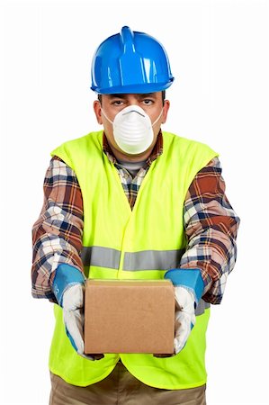 Construction worker with mask, gloves and green vest delivers a box of dangerous materials Photographie de stock - Aubaine LD & Abonnement, Code: 400-04948880