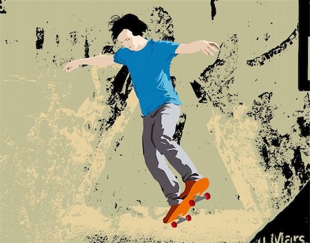 Young skateboarder jumping. Vector illustration with grunge background. Foto de stock - Super Valor sin royalties y Suscripción, Código: 400-04949209