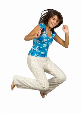 isolated jumping happy woman with cell phone Stock Photo - Budget Royalty-Free & Subscription, Code: 400-04940856