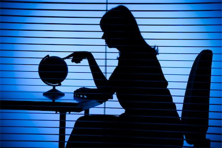 people peeking curtain - isolated on blue silhouette of woman with globe (office + blind) Stock Photo - Budget Royalty-Free & Subscription, Code: 400-04942098