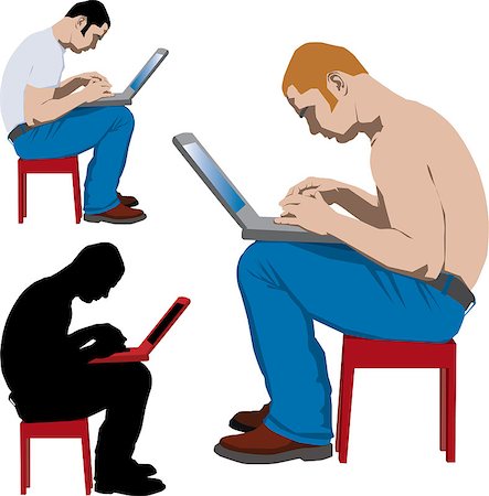 Young man sitting on red table working with laptop. Vector illustration and silhouette Stock Photo - Budget Royalty-Free & Subscription, Code: 400-04942665