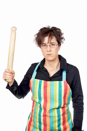 simsearch:400-04019890,k - Angered housewife in apron holding a wooden rolling Stock Photo - Budget Royalty-Free & Subscription, Code: 400-04942716