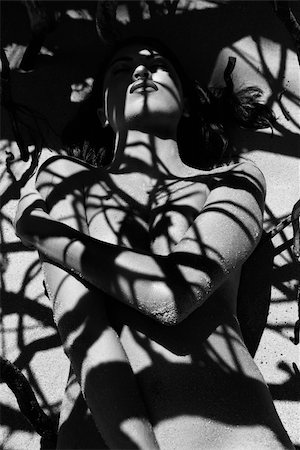 simsearch:400-04955255,k - Pretty Filipino nude young woman on beach in tree shadows in Maui, Hawaii. Stockbilder - Microstock & Abonnement, Bildnummer: 400-04955259
