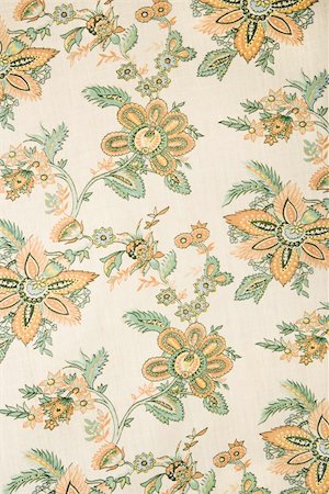 Close-up of vintage fabric with golden flowers and green leaves printed on polyester. Stock Photo - Budget Royalty-Free & Subscription, Code: 400-04956264