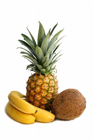 Banana, ananas, cocoa nut. Delicious Fruits, Still life composition over the white Stock Photo - Budget Royalty-Free & Subscription, Code: 400-04957698