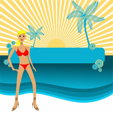 simsearch:400-08400085,k - Vector - Girl in bikini posing in front of a paradise island, copy space to insert your text. Photographie de stock - Aubaine LD & Abonnement, Code: 400-04957930