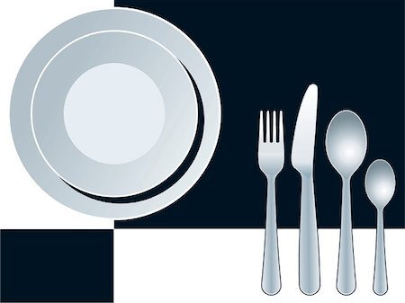 restaurant in blue with table setting - Blue place setting with plate, fork, spoon and knife, vector Stock Photo - Budget Royalty-Free & Subscription, Code: 400-04958493