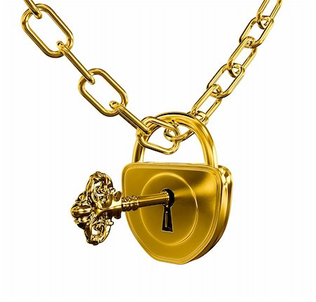 Gold lock with key and chain isolated with vector clipping path included Stock Photo - Budget Royalty-Free & Subscription, Code: 400-04950181