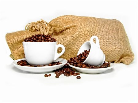 pictures of coffee beans and berry - Sack and two cups with fresh coffee Stock Photo - Budget Royalty-Free & Subscription, Code: 400-04951497