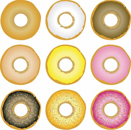 donut hole - Illustration of nine variations of doughnuts with different toppings Stock Photo - Budget Royalty-Free & Subscription, Code: 400-04952812