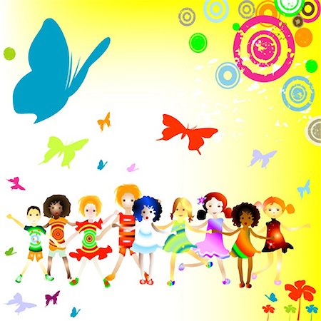 simsearch:400-04953342,k - Group of kids on abstract background with flowers and butterflies Stock Photo - Budget Royalty-Free & Subscription, Code: 400-04953341