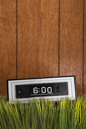 Studio shot of retro alarm clock placed in grass with wood paneling in background. Stock Photo - Budget Royalty-Free & Subscription, Code: 400-04953795