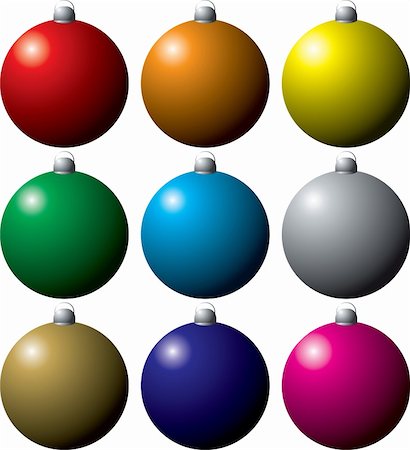 round ornament hanging of a tree - colorful collection of christmas decorations in nine different colors Stock Photo - Budget Royalty-Free & Subscription, Code: 400-04964523