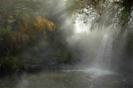 rivers through forests - Hot waterfall and river Surrounded by native forest (bush). Steaming water makes beautiful sunbeams. Hot river near Rotorua, New Zealand. Stock Photo - Budget Royalty-Free & Subscription, Code: 400-04967228