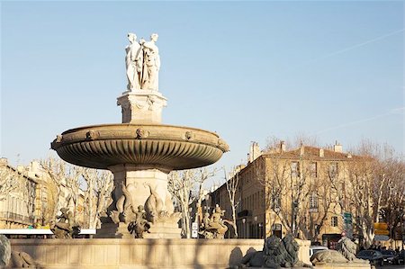 roundabout landmark - The central roundabout fountains in Aix-en-Provence, France.  Copy space. Stock Photo - Budget Royalty-Free & Subscription, Code: 400-04968336