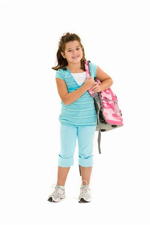 Child standing on a white background holding a school backpack Stock Photo - Budget Royalty-Free & Subscription, Code: 400-04962354