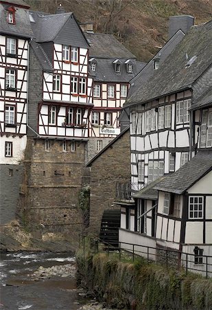 simsearch:400-08615330,k - Remark for inspector: "Galthaus" is a generic word in German like "Hotel" (it is a kind of a hotel), it's not a brand name or a title.    Historic center of Monschau village (Germany) at the Rur river. Stock Photo - Budget Royalty-Free & Subscription, Code: 400-04976088