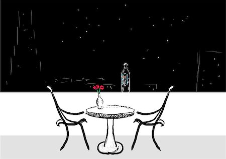 dinner in the sky - Original digital drawing of an urban terrace set for dinner, looking out at a dark sky with stars and skyscrapers dimly visible through the haze. Foto de stock - Super Valor sin royalties y Suscripción, Código: 400-04976803