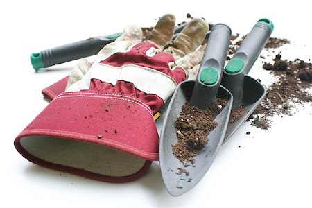 Used gardening / work gloves and tools - Isolated image on white Stock Photo - Budget Royalty-Free & Subscription, Code: 400-04976871