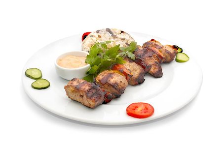 sliced mushroom - shish kebab with sauce, rice, mushrooms and fresh vegetables Stock Photo - Budget Royalty-Free & Subscription, Code: 400-04977285