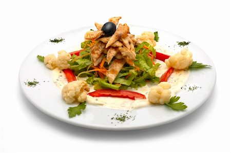 caesar salad with lettuce, chicken meat, red pepper, cauliflower, carrot and one black olive Stock Photo - Budget Royalty-Free & Subscription, Code: 400-04977495