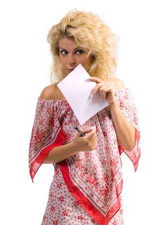 secret sheet - blond woman hidding behind a sheet of paper Stock Photo - Budget Royalty-Free & Subscription, Code: 400-04984398