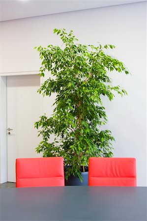 Two red chairs in a meeting room with green plant and white door in the background Stock Photo - Budget Royalty-Free & Subscription, Code: 400-04984973