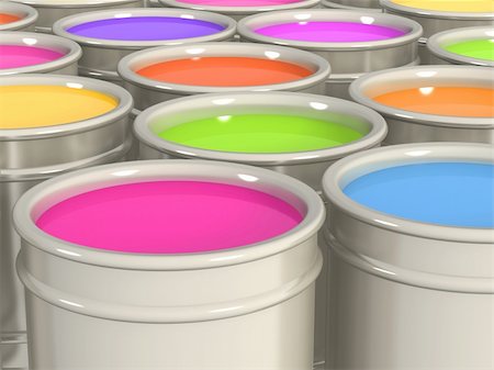 falling paint bucket - Multi-coloured paints in metal banks Photographie de stock - Aubaine LD & Abonnement, Code: 400-04986180