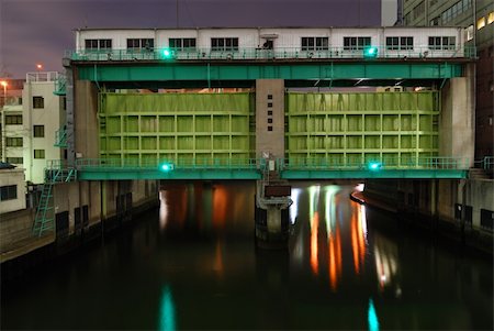 dam and night - typical huge flood gate in Tokyo metropolis with scenic night illumination Stock Photo - Budget Royalty-Free & Subscription, Code: 400-04988719