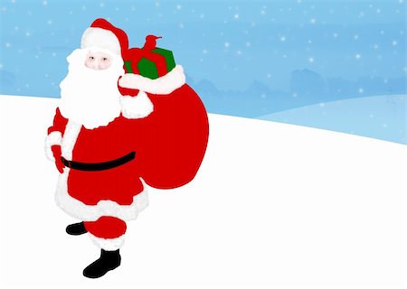 simsearch:400-04662476,k - t's christmas eve in this illustration of santa claus carrying his big sac of presents outside in the cold and ahhh yes, it's snowing! Stock Photo - Budget Royalty-Free & Subscription, Code: 400-04980093
