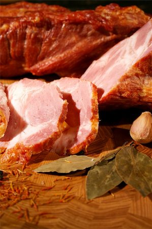 simsearch:400-08332621,k - Gentle ham with and garlic Tasty meat natural composition in country style. Stock Photo - Budget Royalty-Free & Subscription, Code: 400-04980475