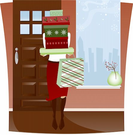 Home from Holiday Shopping with arms full of red and green boxes and bag Stock Photo - Budget Royalty-Free & Subscription, Code: 400-04981781