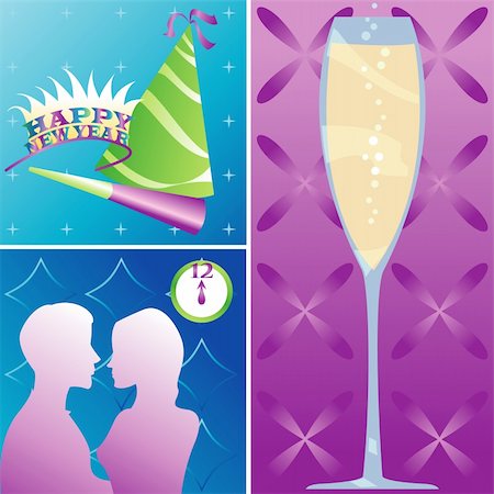 New Year's Eve montage - Party items, Champagne and a couple kissing at midnight Stock Photo - Budget Royalty-Free & Subscription, Code: 400-04981796