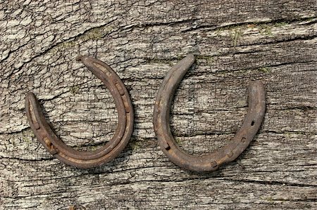 Two metal horseshoes on a piece of seasoned oak. Stock Photo - Budget Royalty-Free & Subscription, Code: 400-04982067