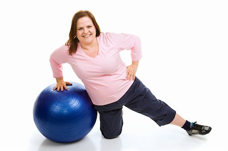 fat women exercise on ball - Beautiful plus sized model working out with a pilates fitness ball.  Full body isolated on white. Foto de stock - Super Valor sin royalties y Suscripción, Código: 400-04983398
