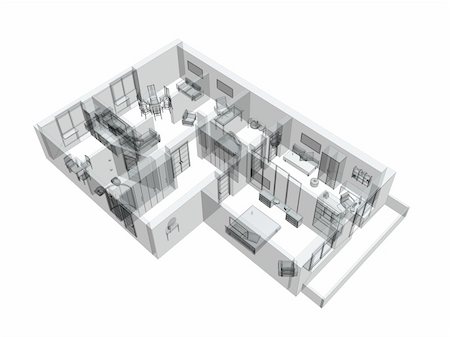 3d sketch of a four-room apartment. Object over white Stock Photo - Budget Royalty-Free & Subscription, Code: 400-04983966