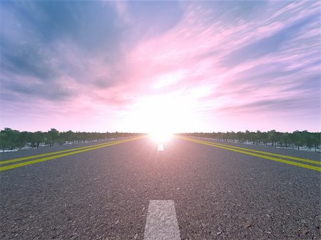Road and sunset. Widely coal kind on asphalt road and the bright sun Stock Photo - Budget Royalty-Free & Subscription, Code: 400-04994529