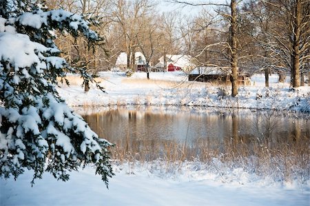 Rural scenic of snow, pond, trees and barns. Stock Photo - Budget Royalty-Free & Subscription, Code: 400-04995465