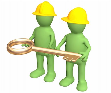 simsearch:400-04285690,k - Two builders - puppets, holding in hands a gold key. Objects over white Stock Photo - Budget Royalty-Free & Subscription, Code: 400-04996890
