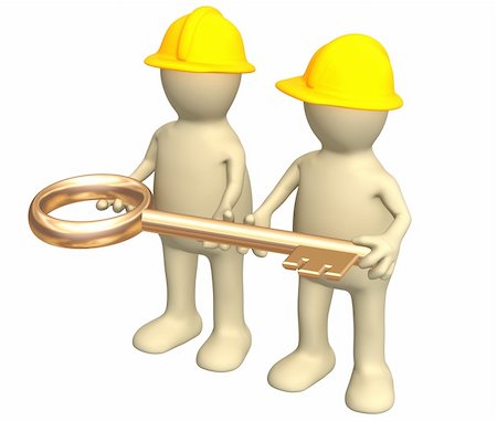 simsearch:400-04526804,k - Two builders - puppets, holding in hands a gold key. Objects over white Stockbilder - Microstock & Abonnement, Bildnummer: 400-04996891