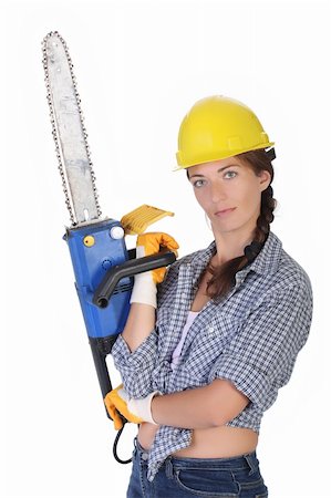 simsearch:400-04364349,k - Beauty woman with chainsaw on white background Stock Photo - Budget Royalty-Free & Subscription, Code: 400-04990716