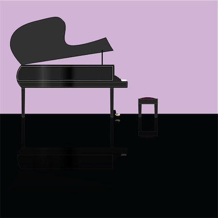 Illustration of a grand piano on stage, reflected on black polished floor Stock Photo - Budget Royalty-Free & Subscription, Code: 400-04992979