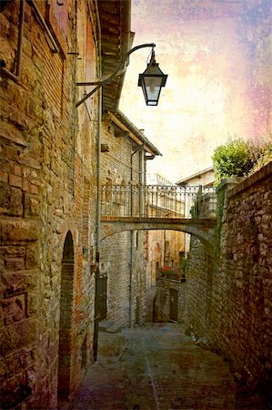 simsearch:400-05004765,k - Artistic work of my own in retro style - Postcard from Italy. - Architecture urban alley, Gubbio, Umbria, Italy Fotografie stock - Microstock e Abbonamento, Codice: 400-05004934