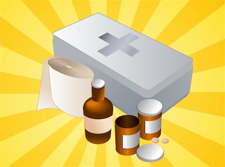 First aid kit and its contents including pills and bandages, illustration Stock Photo - Budget Royalty-Free & Subscription, Code: 400-05005399