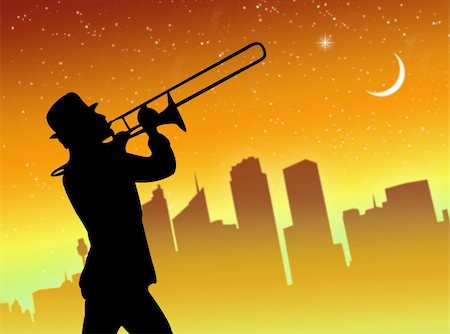simsearch:400-04593971,k - Trumpet player performance in front of the city in a colorful night Photographie de stock - Aubaine LD & Abonnement, Code: 400-05006130