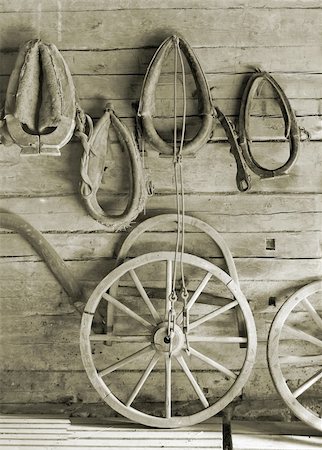 Horse harness and wheels on a wall. Stock Photo - Budget Royalty-Free & Subscription, Code: 400-05006303