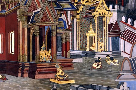 Thailand, Bangkok: Grand palace wall painting; historical and religious representation with natural colors and gold leaf; Foto de stock - Super Valor sin royalties y Suscripción, Código: 400-05007237