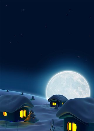 Three snow-covered houses and big  moon on background Stock Photo - Budget Royalty-Free & Subscription, Code: 400-05007757